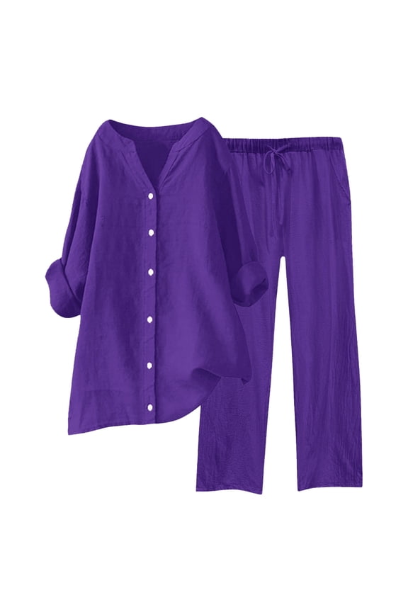 Women Suits 2 Piece Set Womens 2 Piece Outfits Wide Leg Blouse Pockets Elastic Pants Sets Casual V Wedding Guest Outfits Holiday for Women Dressy 80s Jogging Suits for Formal Wedding Dress 1 Purple XL