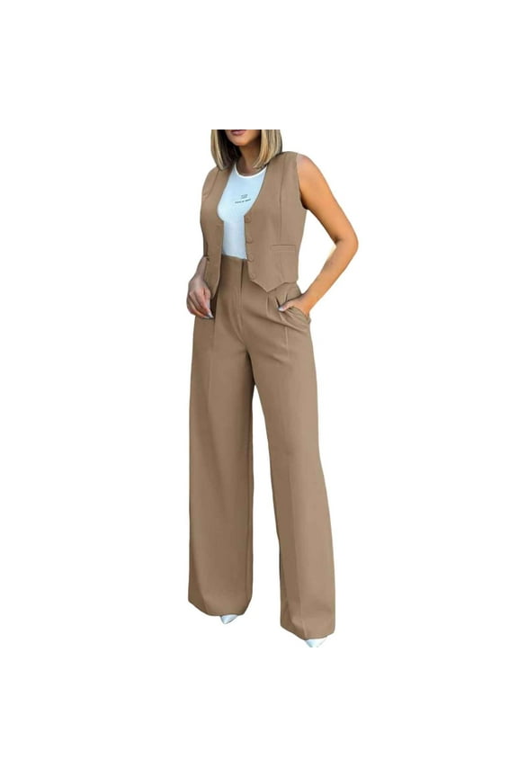 Women Suits 2 Piece Set Womens Elegant Solid Color Suit Vest Tank Cardigan Pockets Tops Wide Leg Snowmobile Pants Women Womens Bibs Overalls Insulated Ski Pants Bibs Pant Suits for Dressy plus Brown L