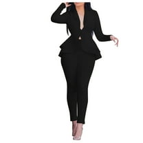 Women Suits Sets Fashion Solid V-neck Ruffles Patchwork Long Sleeve Coat Pants Suit
