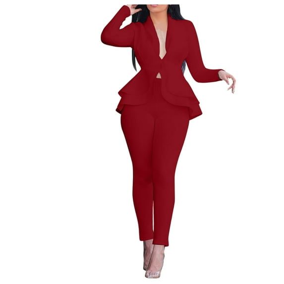 Women Suits Sets Fashion Solid V-neck Ruffles Patchwork Long Sleeve Coat Pants Suit