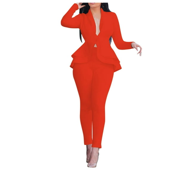 Women Suits Sets Fashion Solid V-neck Ruffles Patchwork Long Sleeve Coat Pants Suit