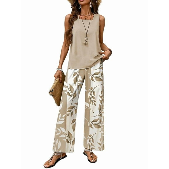 Women Summer 2 Piece Outfits 2025 Square Neck Pullover Vest Floral Print Belted Wide Leg - Sets Khaki M