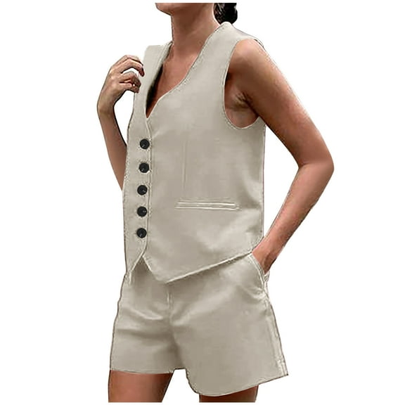 Women Summer 2 Piece Outfits Retro V Neck Sleeveless Button Down Vests Shorts Sets with Pockets Casual Business Work Matching Set 2024
