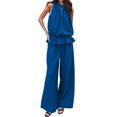 thumbnail image 1 of Women Summer 2 Piece Outfits Sleeveless Ruffle Top Wide Leg Pants Set with Pockets Blue XL, 1 of 8