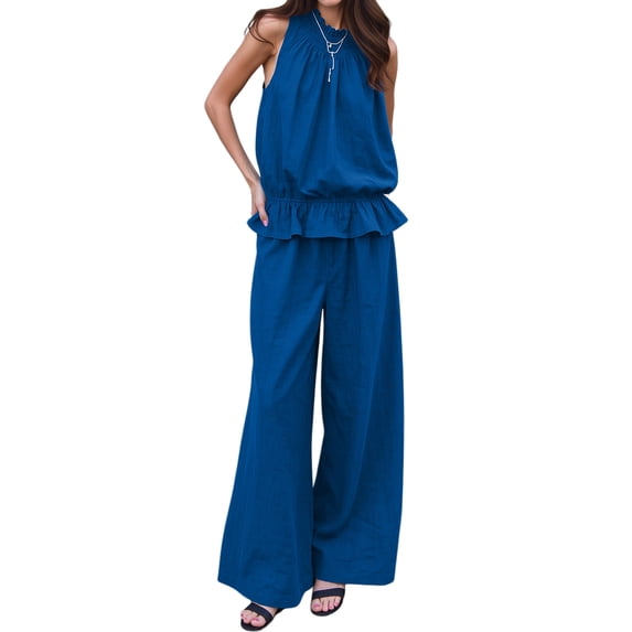 Women Summer 2 Piece Outfits Sleeveless Ruffle Top Wide Leg Pants Set with Pockets Blue XL