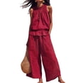 thumbnail image 1 of Women Summer 2 Piece Outfits Sleeveless Ruffle Top Wide Leg Pants Set with Pockets Wine Red L, 1 of 8