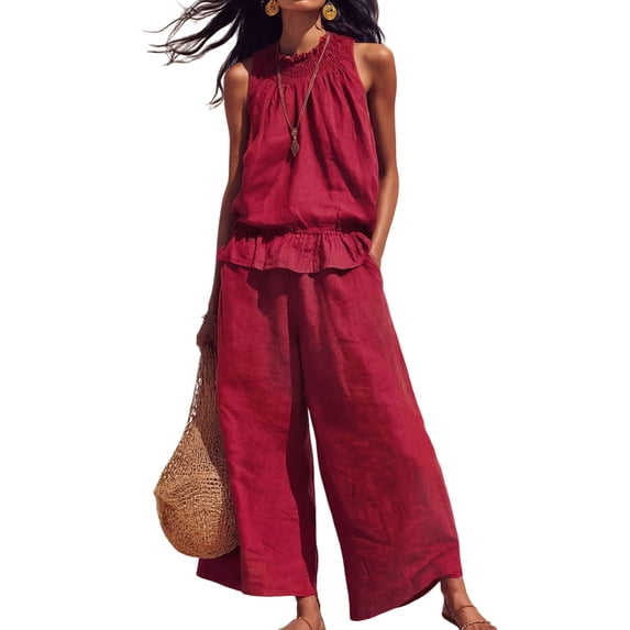 Women Summer 2 Piece Outfits Sleeveless Ruffle Top Wide Leg Pants Set with Pockets Wine Red L