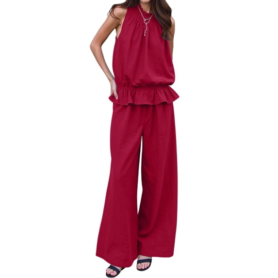 Women Summer 2 Piece Outfits Sleeveless Ruffle Top Wide Leg Pants Set with Pockets Wine Red S