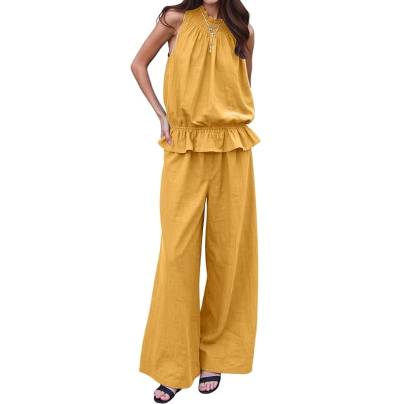 Women Summer 2 Piece Outfits Sleeveless Ruffle Top Wide Leg Pants Set with Pockets Yellow XXL