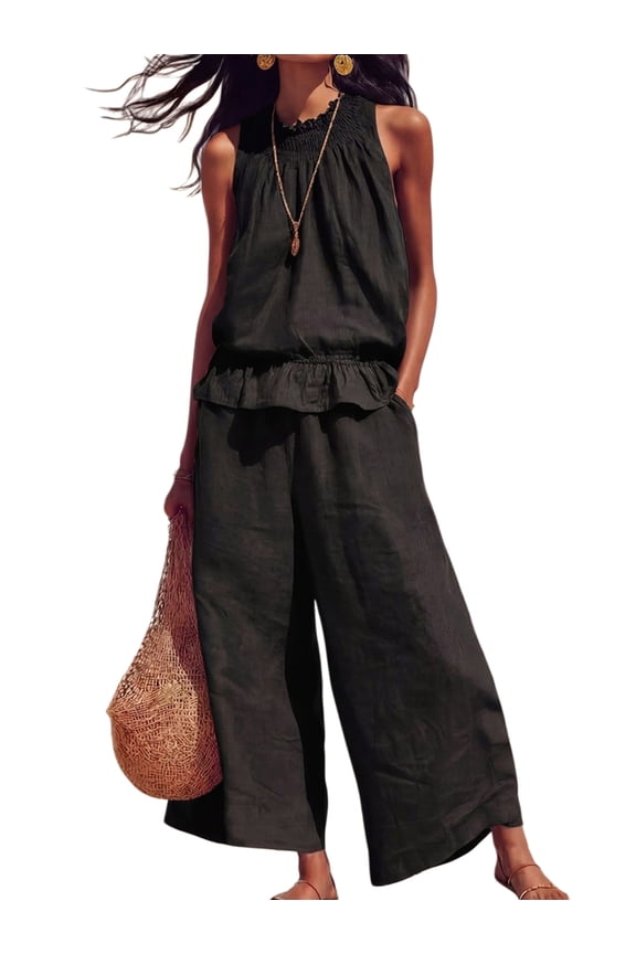 Women Summer 2 Piece Outfits Sleeveless Ruffle Top Wide Leg Pants Set with Pockets