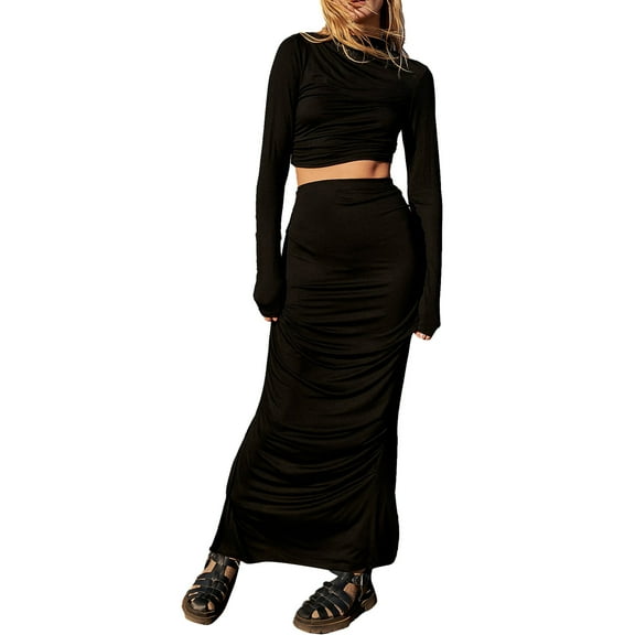 Women Summer 2 Piece Outfits Solid Color Backless Long Sleeves Tops and Elastic Slit Long Skirt Set for Streetwear