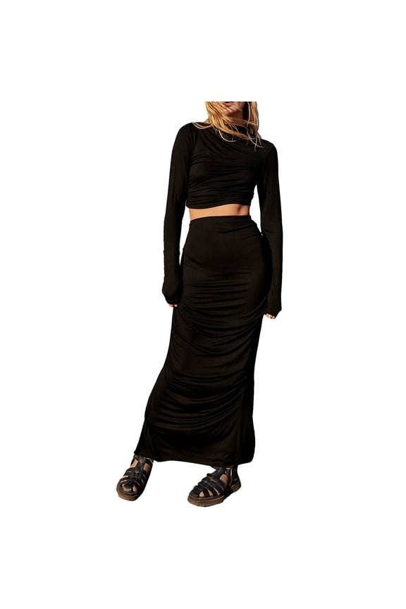 Women Summer 2 Piece Outfits Solid Color Backless Long Sleeves Tops and Elastic Slit Long Skirt Set for Streetwear