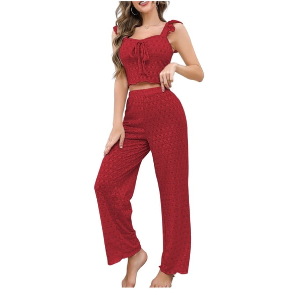 Women Summer 2 Piece Pajama Set Jacquard Ruffle Sleeveless Crop Tops Wide Leg Pants Sleep Matching Sets Loungewear