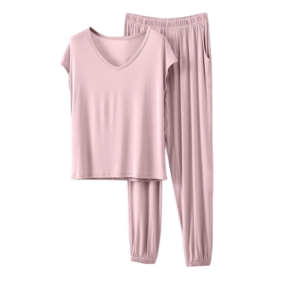 Women Summer 2 Piece Pajama Sets Casual V Neck Short Sleeve Tshirts Loose Elastic Waist Pants Comfy Solid Color Spring Loungewear