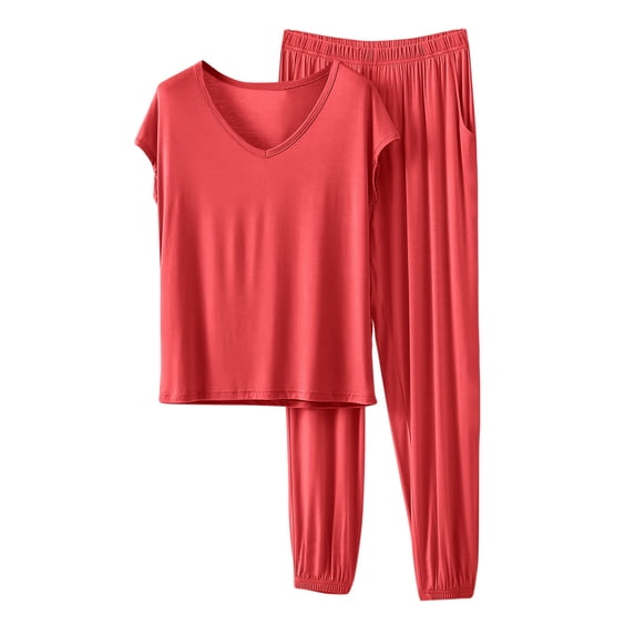 Women Summer 2 Piece Pajama Sets Casual V Neck Short Sleeve Tshirts Loose Elastic Waist Pants Comfy Solid Color Spring Loungewear