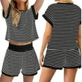 thumbnail image 1 of Women Summer 2 Piece Sets Striped Short Sleeve T Shirts and Shorts Matching Set Black L, 1 of 7