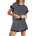 thumbnail image 1 of Women Summer 2 Piece Sets Striped Short Sleeve T Shirts and Shorts Matching Set Navy Blue M, 1 of 6