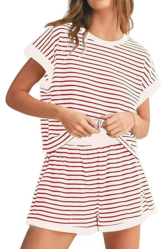 Women Summer 2 Piece Sets Striped Short Sleeve T Shirts and Shorts Matching Set Pink M