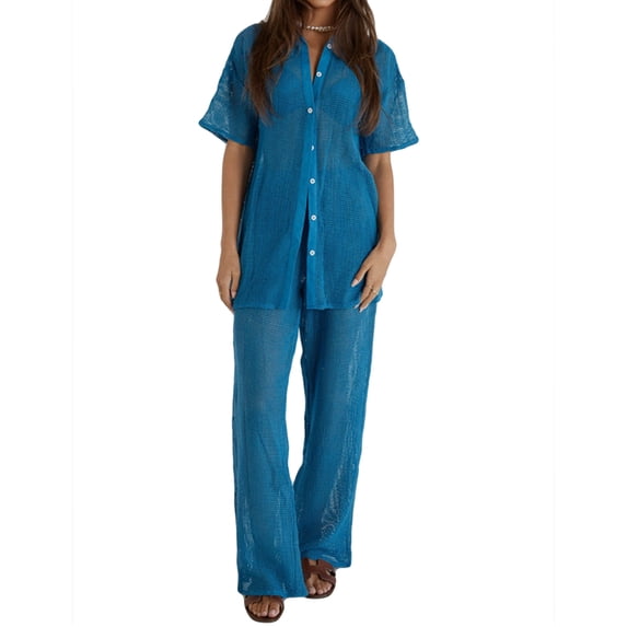 Women Summer 2 Pieces Clothes Outfits Solid Color Hollow-Out Turn-Down Collar Short Sleeve Shirts and Wide-Leg Pants Set