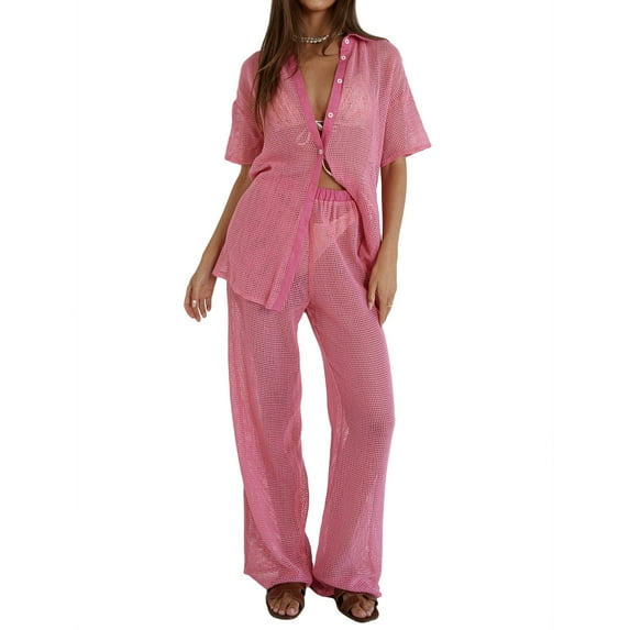 Women Summer 2 Pieces Clothes Outfits Solid Color Hollow-Out Turn-Down Collar Short Sleeve Shirts and Wide-Leg Pants Set