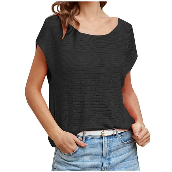 Women Summer 2025 Casual Knitted Shirt Solid Color Round Neck Short Sleeve Loose Fit Blouse Top for Streetwear and Daily Outfits