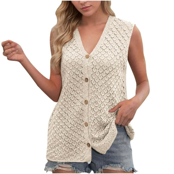 Women Summer 2025 Fashion Casual V Neck Button Detail Sleeveless Knitted Solid Color Vest Top for Layering and Daily Outfits