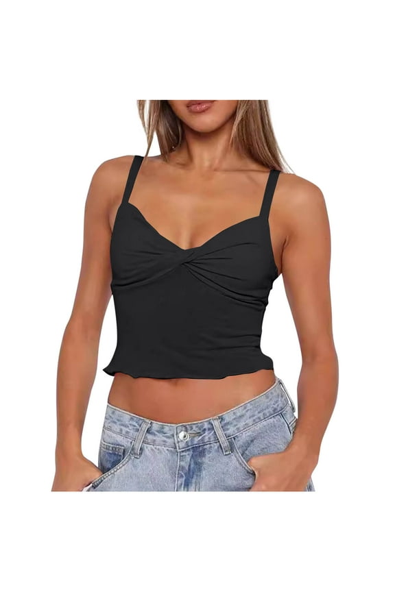 Women Summer 2025 Fashion Sleeveless Solid Color V Neck Twist Front Crop Top Blouse for Casual Outings and Beach Wear