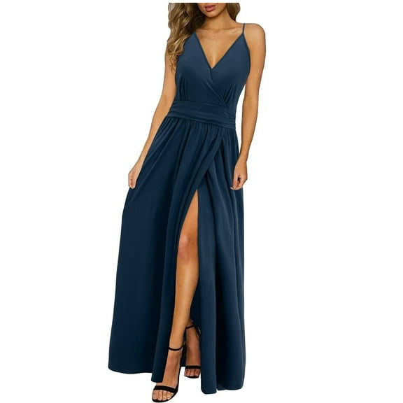 Women Summer 2025 Maxi Dress High Slit Deep V Neck Vacation Spaghetti Strap Casual Boho Sundress Wear To Cocktail
