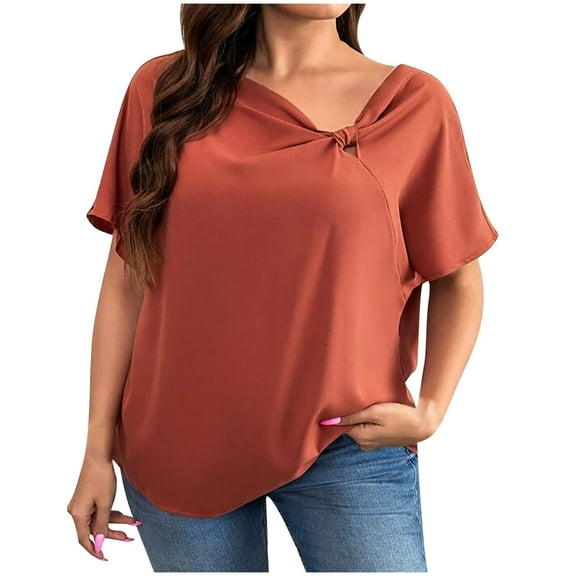Women Summer 2025 Plus Size Solid Color Casual Short Sleeve V Neck T Shirt Top for Street Style and Daily Wear