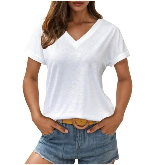 Women Summer 2025 V Neck Short Sleeve Solid Color Casual Shirt Fashion Top for Daily Wear Office Outfits and Street Style