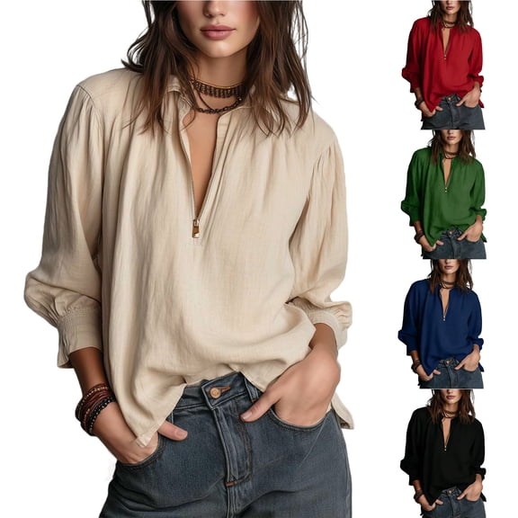 Women Summer 3/4 Sleeve Shirts Casual Loose V Neck Half Zip Solid Color Blouses Business Trendy Tshirts Work Office Comfy Soft Tops