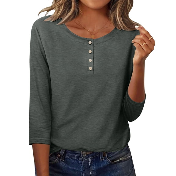 Women Summer 3/4 Sleeve Tshirts Casual Henley Button Solid Color Tees Trendy Comfy Basic Blouses Loose Fit Stretch Soft Tops