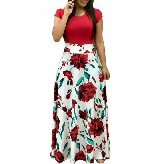 Sexy Dance Women Summer Autumn FloralPrint Boho Skirt Dress Short Sleeve Party Bodycon Long Maxi Dress Beach Sundress