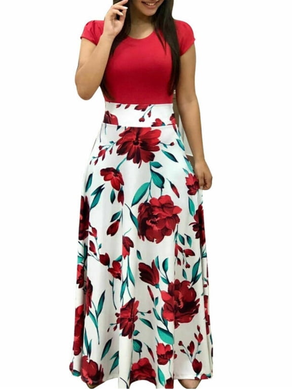 Women Summer Dress Short Sleeve Casual Long Maxi Dresses For Party Bodycon Beach Sundress Floral Print Boho Dress