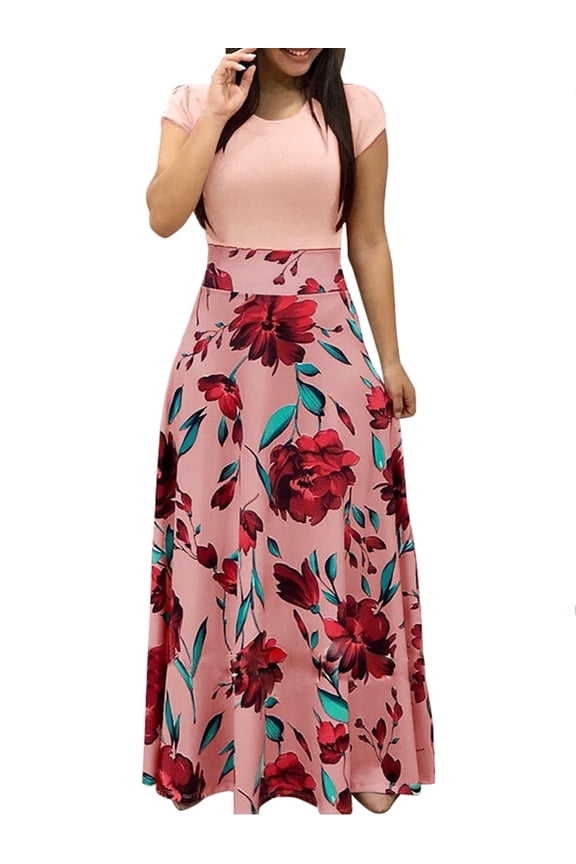 Women Summer Autumn FloralPrint Boho Skirt Dress Short Sleeve Party Bodycon Long Maxi Dress Beach Sundress
