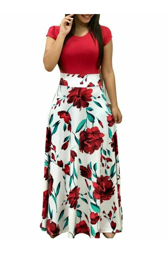 Women Summer Autumn FloralPrint Boho Skirt Dress Short Sleeve Party Bodycon Long Maxi Dress Beach Sundress