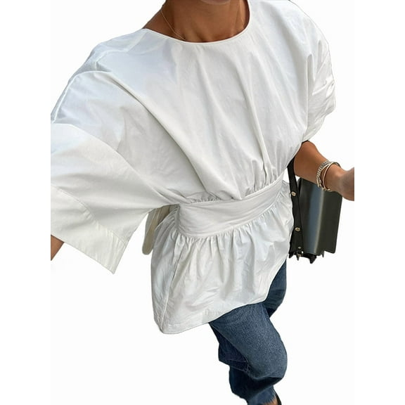 Women Summer Babydoll Tops Short Sleeve T Shirt Peplum Tunic Casual Loose Fit Blouse White L