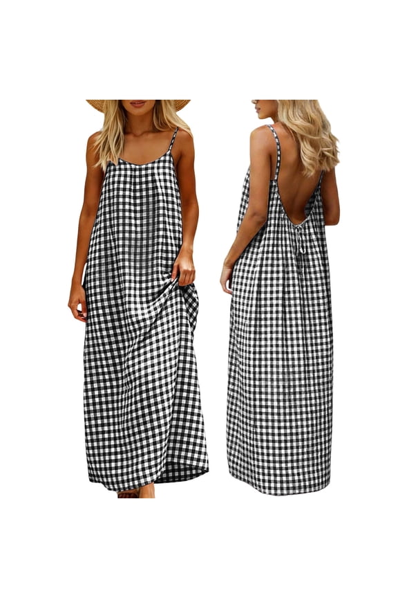 Women Summer Backless Maxi Dresses Elegant Spaghetti Strap Cami Lounge Dress Casual Cotton Linen Plaid Sleeveless House Dress Fashion Beach Vacation Long Sundress Loose Flowy Floor Length Dress
