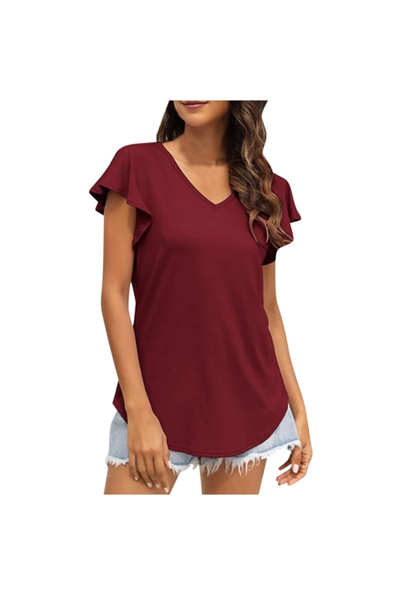 Women Summer Basic Tops Flutter Sleeve V Neck Tee Solid Color Casual Blouses Loose Fit T Shirt for Women Going Out Tops for Women