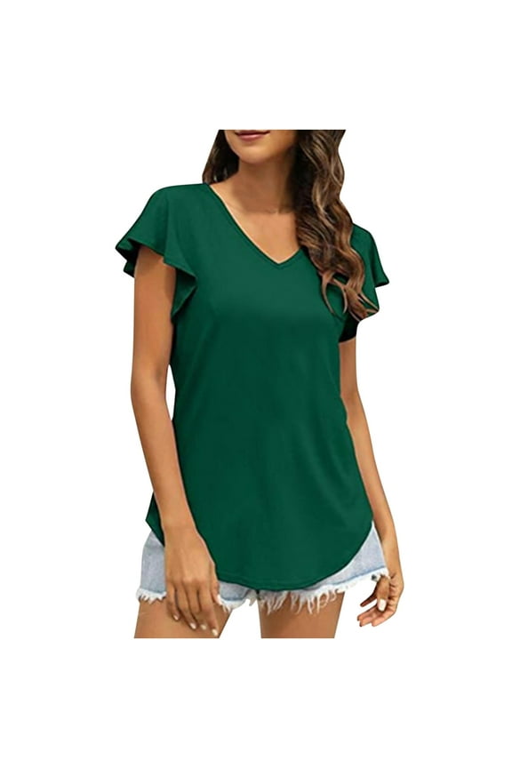 Women Summer Basic Tops Flutter Sleeve V Neck Tee Solid Color Casual Blouses Loose Fit T Shirt for Women Tops for Women Casual Summer