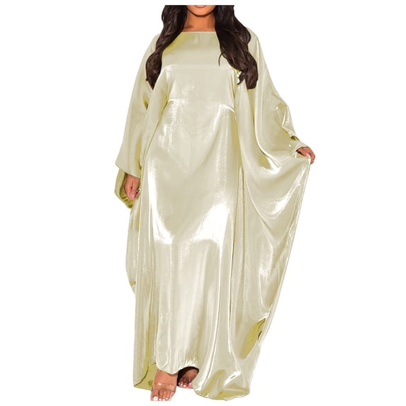 Women Summer Batwing Sleeve Satin Abaya Islam Muslim Maxi Dress Kaftan Women's Long Dress With Batwing Sleeves And A Half-High Neckline Solid Color Dress For Women Beige One Size