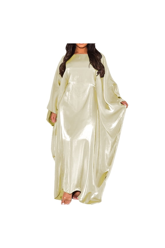 Women Summer Batwing Sleeve Satin Abaya Islam Muslim Maxi Dress Kaftan Women's Long Dress With Batwing Sleeves And A Half-High Neckline Solid Color Dress For Women Beige One Size