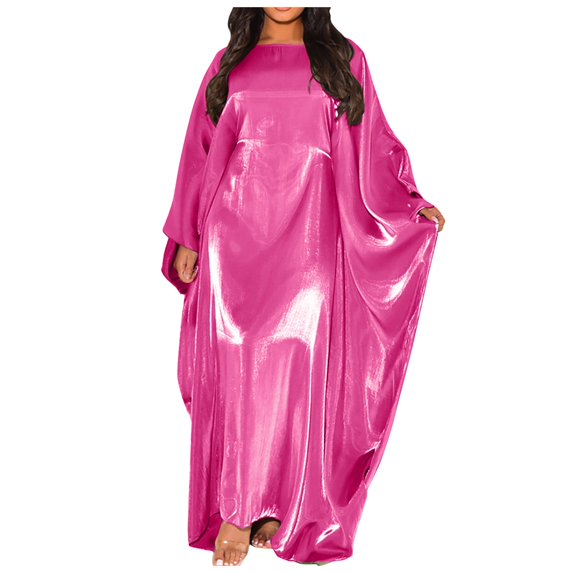 Women Summer Batwing Sleeve Satin Abaya Islam Maxi Dress Kaftan Women's Long Dress With Batwing Sleeves And A Half-High Neckline Solid Color Dress For Women Red One Size