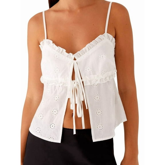 Women Summer Beach Boho Eyelet Embroidered Tie Front Vest Tops Sleeveless Tank Cute 2025 Y2K Clothes White S