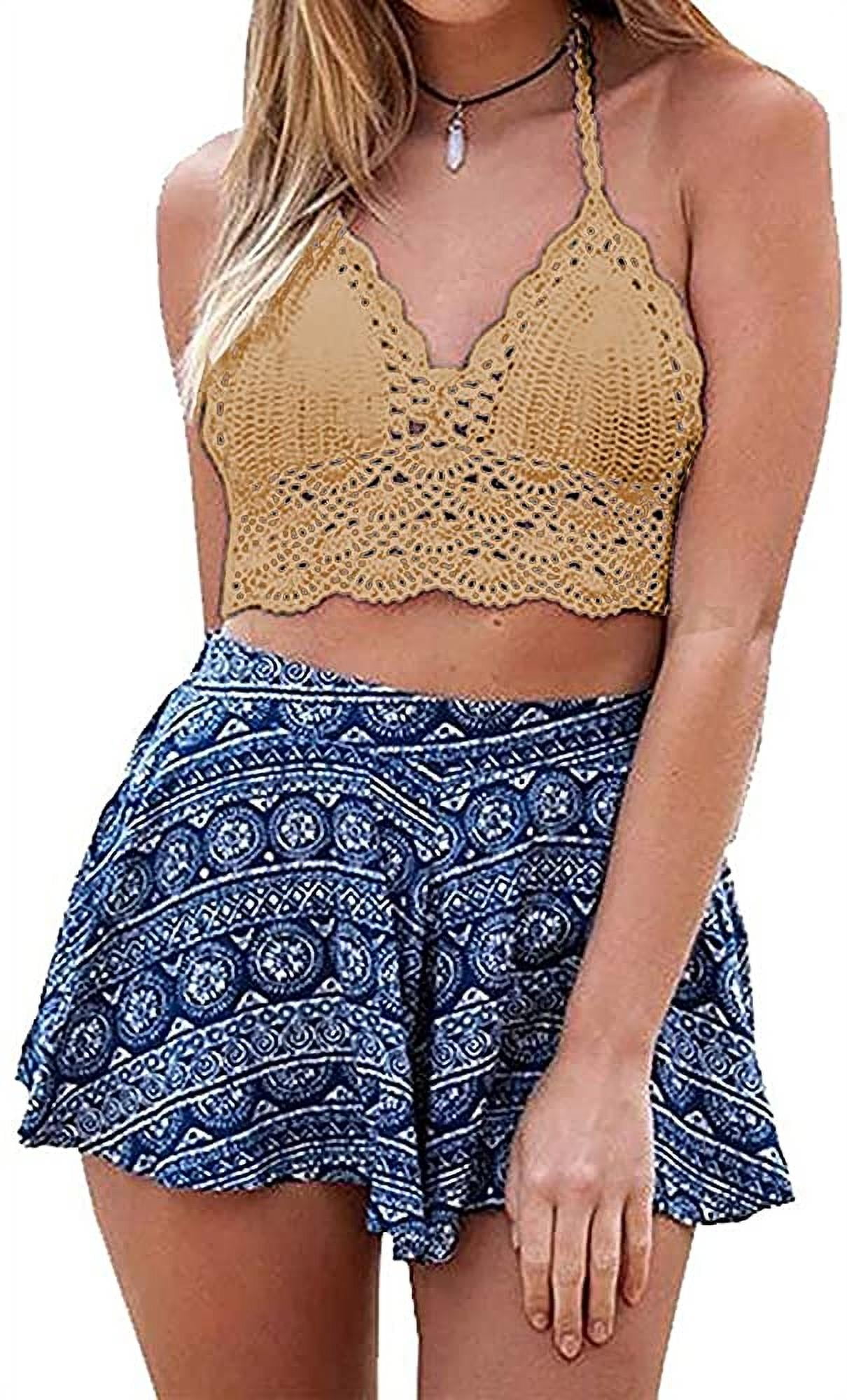 Women Bikini Crop Top Crochet Boho Bralette Halter Cami Knitted Bra Tank  Tops
