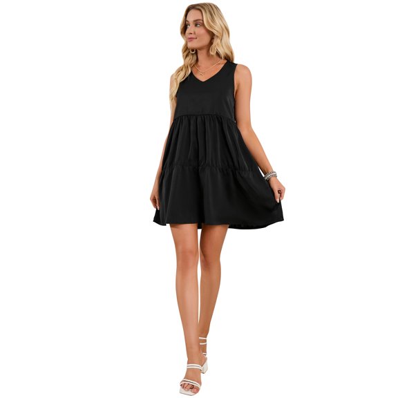 Women Summer Beach Sundress Sleeveless Tank Dress V Neck Vest Dress Casual Loose Shift Dresses, Black, M
