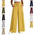 thumbnail image 1 of Women Summer Beach Vacation Pants Elastic High Waisted Drawstring Pleats Wide Leg Pants Loose Flowy Casual Lightweight Palazzo Lounge Trousers with Pockets, 1 of 10