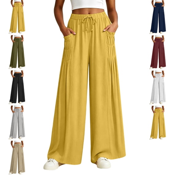 Women Summer Beach Vacation Pants Elastic High Waisted Drawstring Pleats Wide Leg Pants Loose Flowy Casual Lightweight Palazzo Lounge Trousers with Pockets