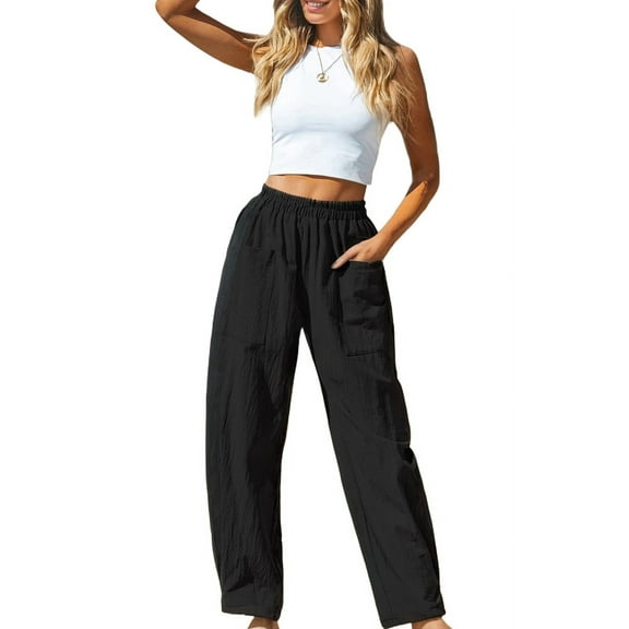 Women Summer Beach Vacation Pants High Waisted Printed Loose Flowy Casual Palazzo Lounge Trousers Black XXL