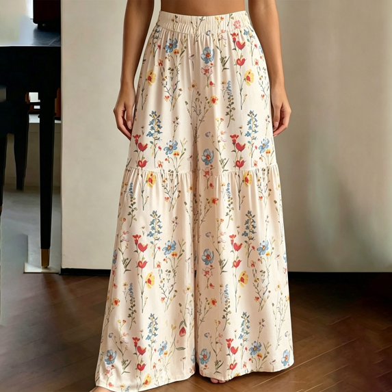 Women Summer Beach Vacation Pants High Waisted Wide Leg Floral Palazzo Printed Loose Flowy Casual Boho Style Pants(Beige,M)